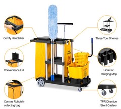 Commercial Cleaning Janitorial 3 Shelf Cart with Yellow Bag and Cover Black