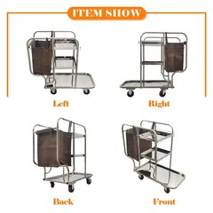 Stainless Steel 3 Shelf Janitor Cart With Cloth Bag Cleaning Vehicle 220LB