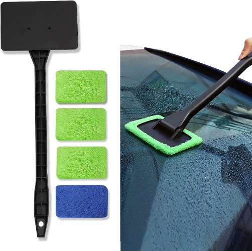 Microfiber Window Cleaner Tool with 4 Washable Pads and Extended Handle for Car