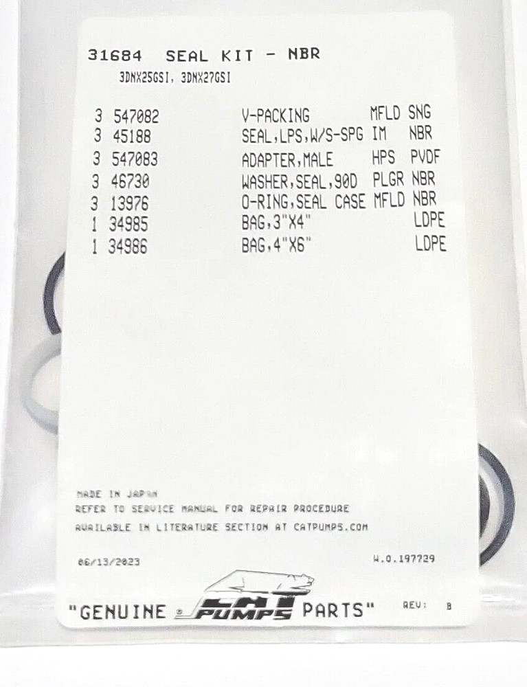 31684 SEAL KIT FOR CAT PUMP 3DNX SERIES PUMPS 3DNX25GSI, 3DNX27GSI, 3GXT30