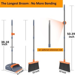 kelamayi Upgrade Broom and Dustpan Set, Self-Cleaning with Gray&orange