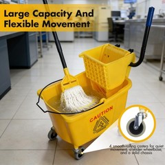 Commercial Mop Bucket with Side Press Wringer, Including Wet Floor Caution Sign