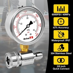 AetralYB 6000PSI Washer Pressure Gauge,3/8″ Push-to-Connection 0-6000PSI