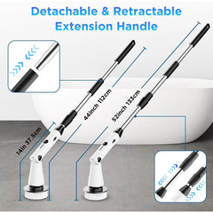 Rotary electric floor scrubber with 3 interchangeable brush heads.