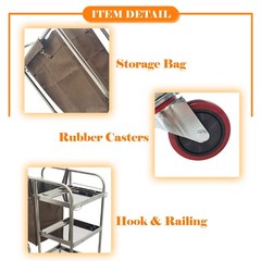 Stainless Steel 3 Shelf Janitor Cart With Cloth Bag Cleaning Vehicle 220LB