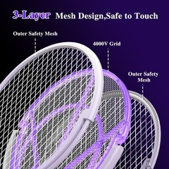 Electric Fly Swatter Racket Rechargeable Bug Zapper with Telescopic Extension，h