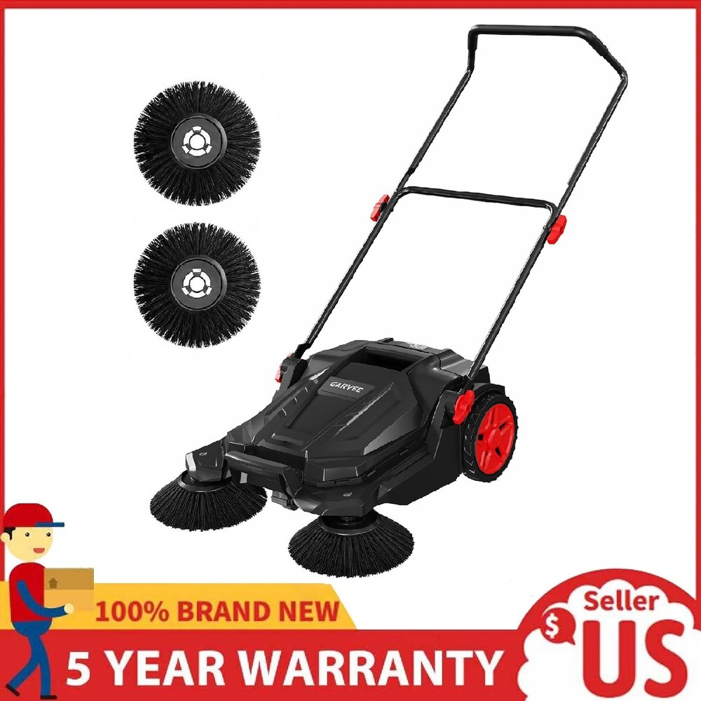 Walk-Behind Hand Push Floor Sweeper 25.6″ Wide Manual Sweeper 5-Gallon Waste Bin