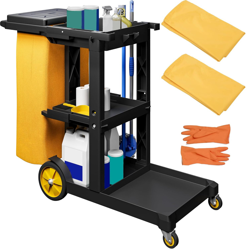 3-Shelf Janitorial Cleaning Cart with 2 Yellow Bags & Gloves – Black
