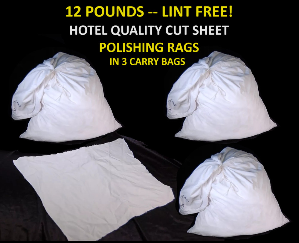 12-Pounds WHITE LINT FREE POLISHING RAGS Hotel Quality Cut Sheet Cloth 12lb