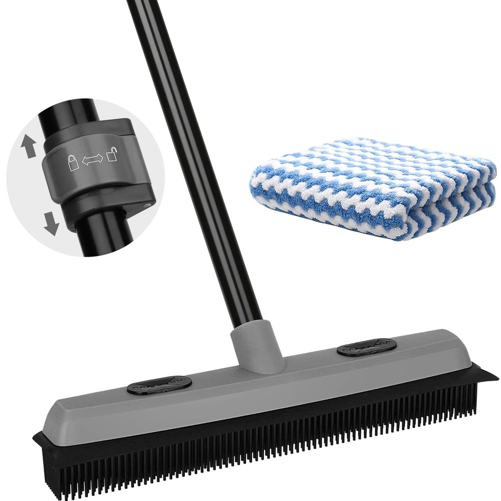 Pet Hair Removal Rubber Broom with Squeegee, Carpet Rake Gray