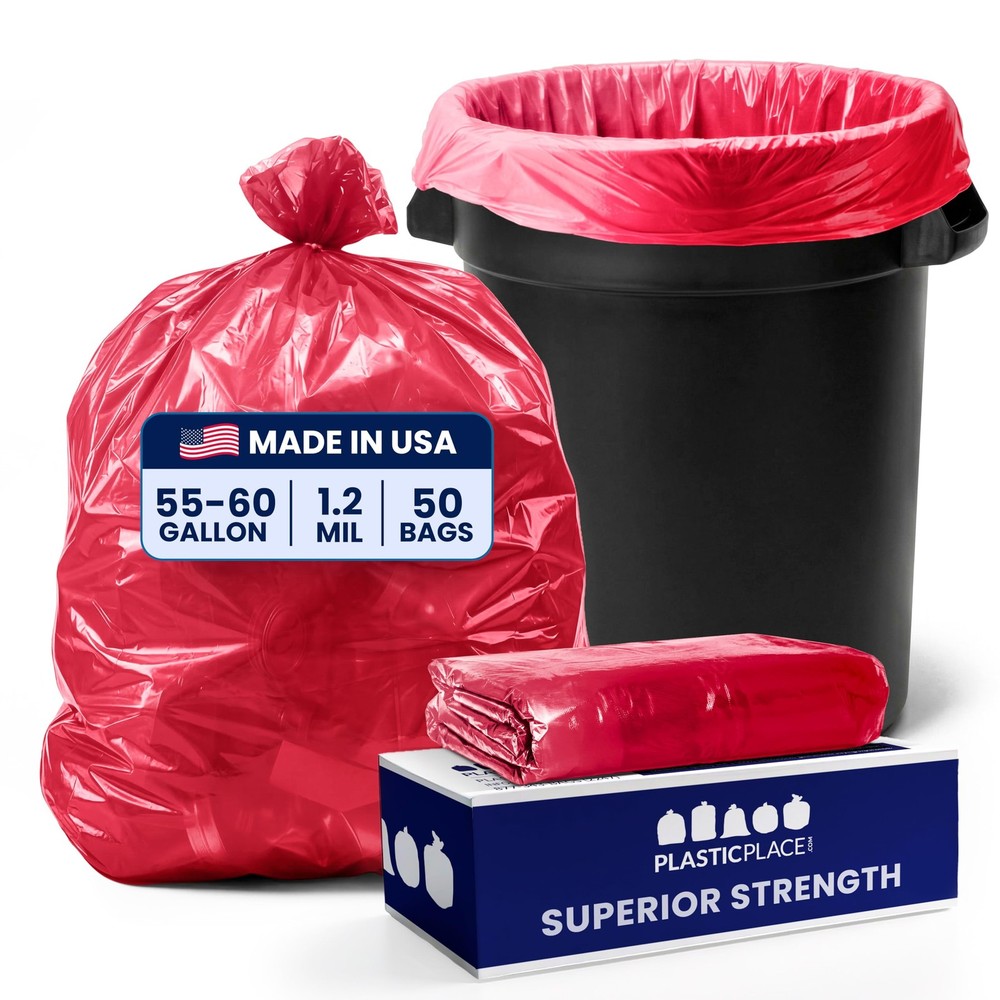 Plasticplace 55-60 Gallon Trash 1.2 Mil Red Heavy Duty Garbage Can 38 X 58 50