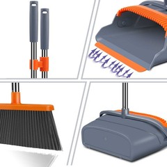 kelamayi Upgrade Broom and Dustpan Set, Self-Cleaning with Gray&orange