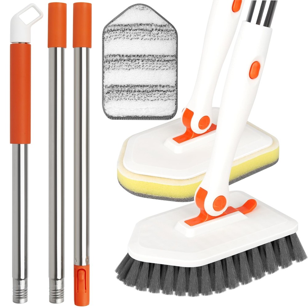 Orange 3 in 1 Long Handled Scrub Brush for Shower Cleaning
