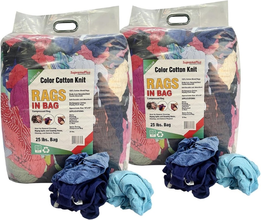 Recycled Color Knit T-Shirt Wiping Rags – 50 lbs. Case 2×25 lbs. Compressed Bags