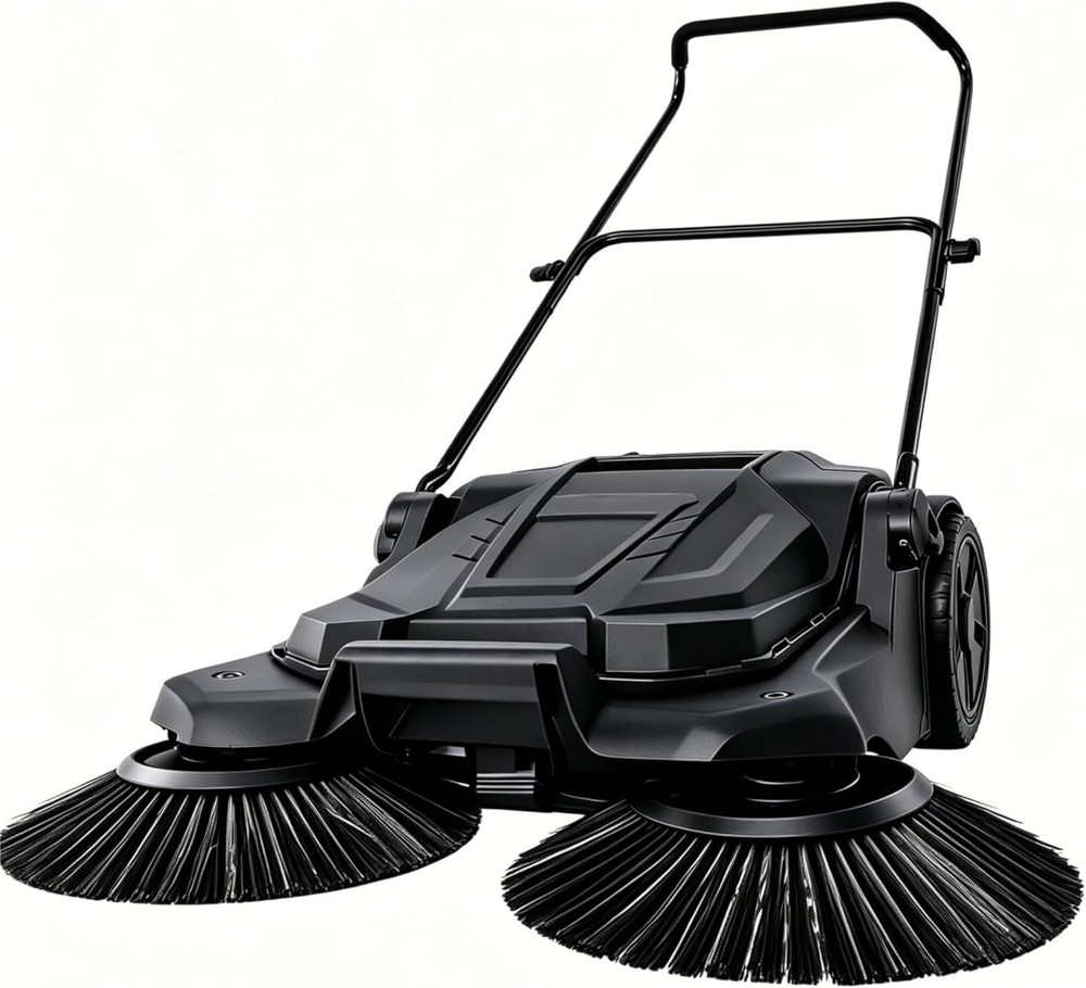 Black Walk-Behind Hand Push Floor Sweeper 25.6” Sweeping Width for Garage Patio