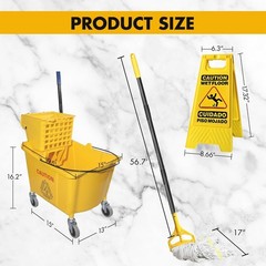 Commercial Mop Bucket with Side Press Wringer, Including Wet Floor Caution Sign